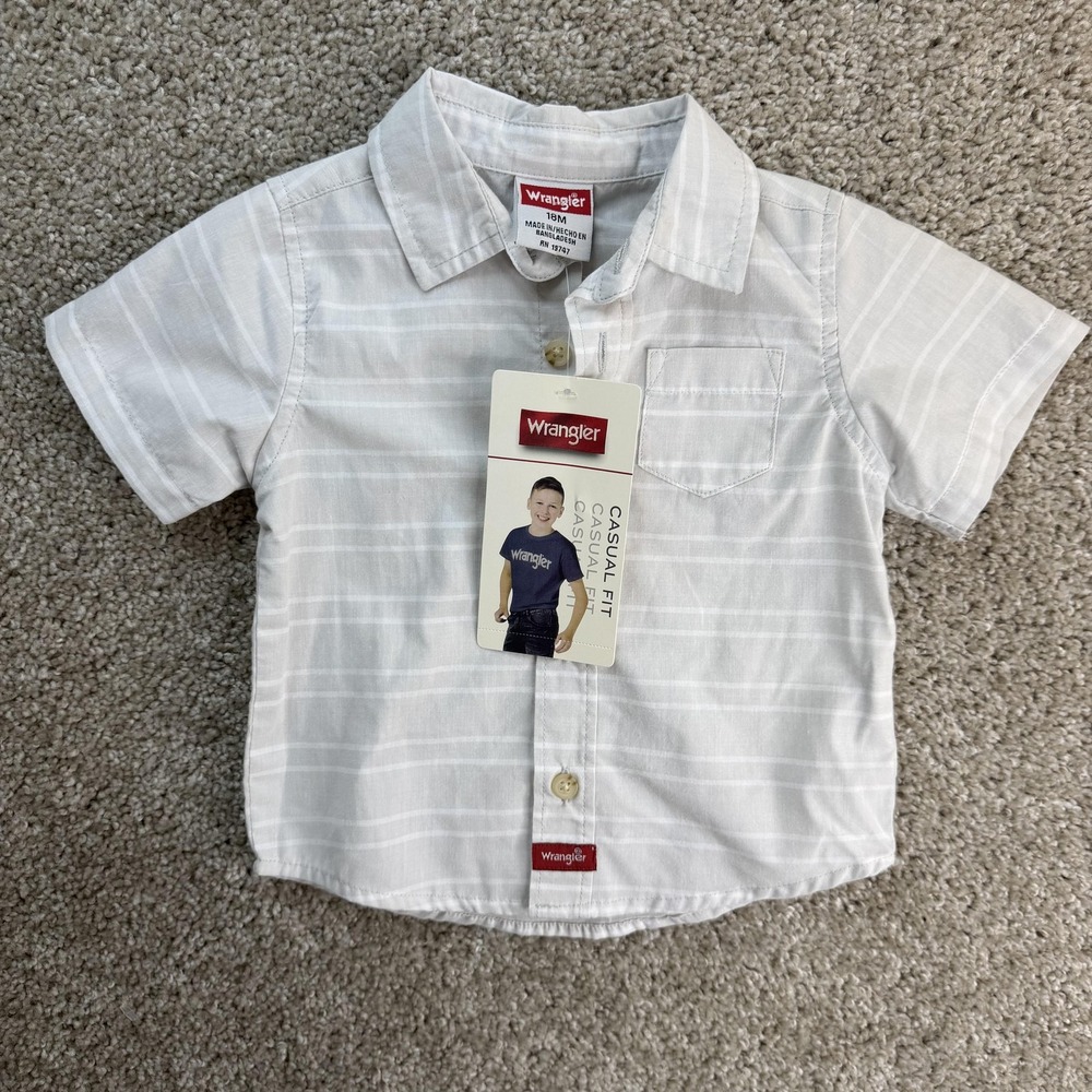 Wrangler Shirt Boys 18 Months Gray Striped Short Sleeve Collared Button-Up